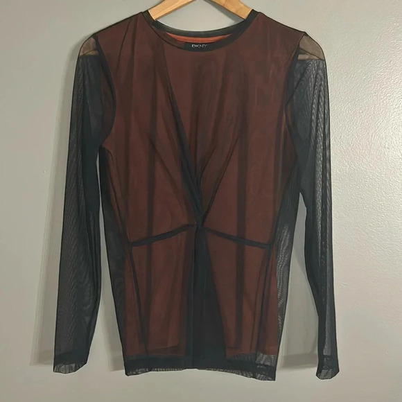 *NWT* DKNY Top with Twist Front and Mesh Overlay in Navy/Russet, S, Blue, Orange - Picture 4 of 10